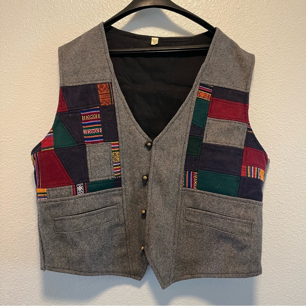 Vintage 100% Wool Patchwork Vest Size XL Made In Nepal Lotus Buttons Unique Gift